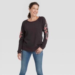 Knox Rose Embroidered Sleeve Sweatshirt Gray Size XS